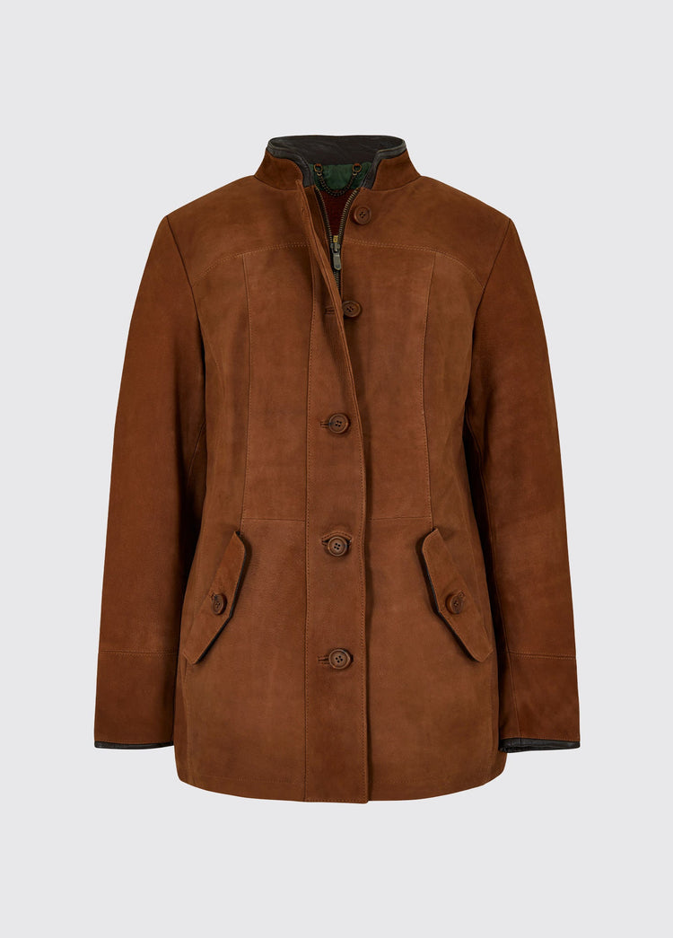 Dubarry Joyce women's mid length chestnut brown coloured leather jacket with buttons