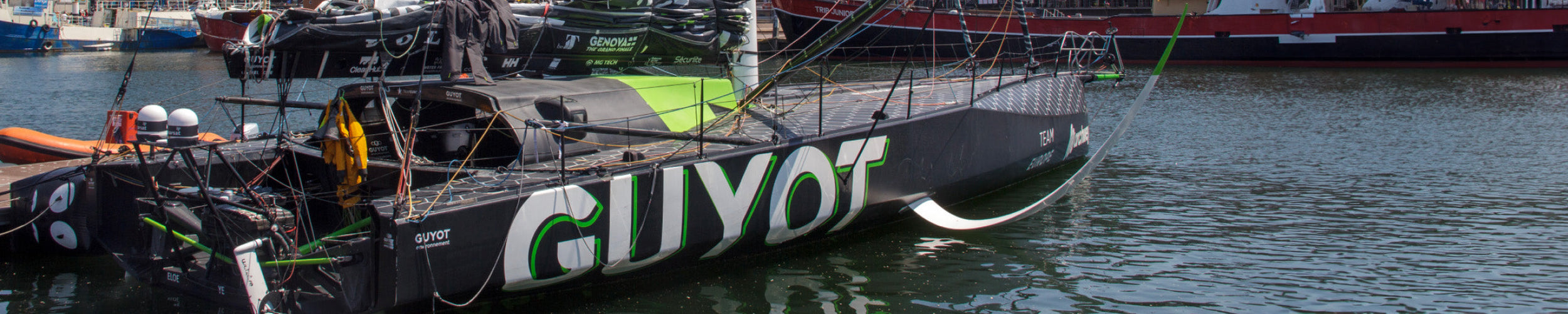 Wide image of team Guyot's docked in the Hague before the start of Leg 7 of the Ocean Race 2023